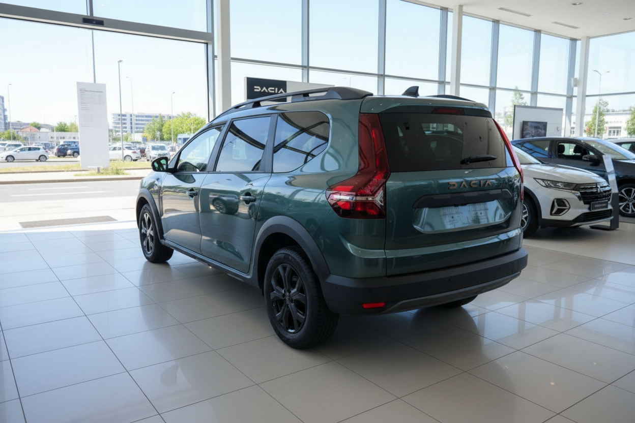 Dacia Jogger in Grün im Autohaus – Heckansicht mit Dachreling und schwarzen Felgen