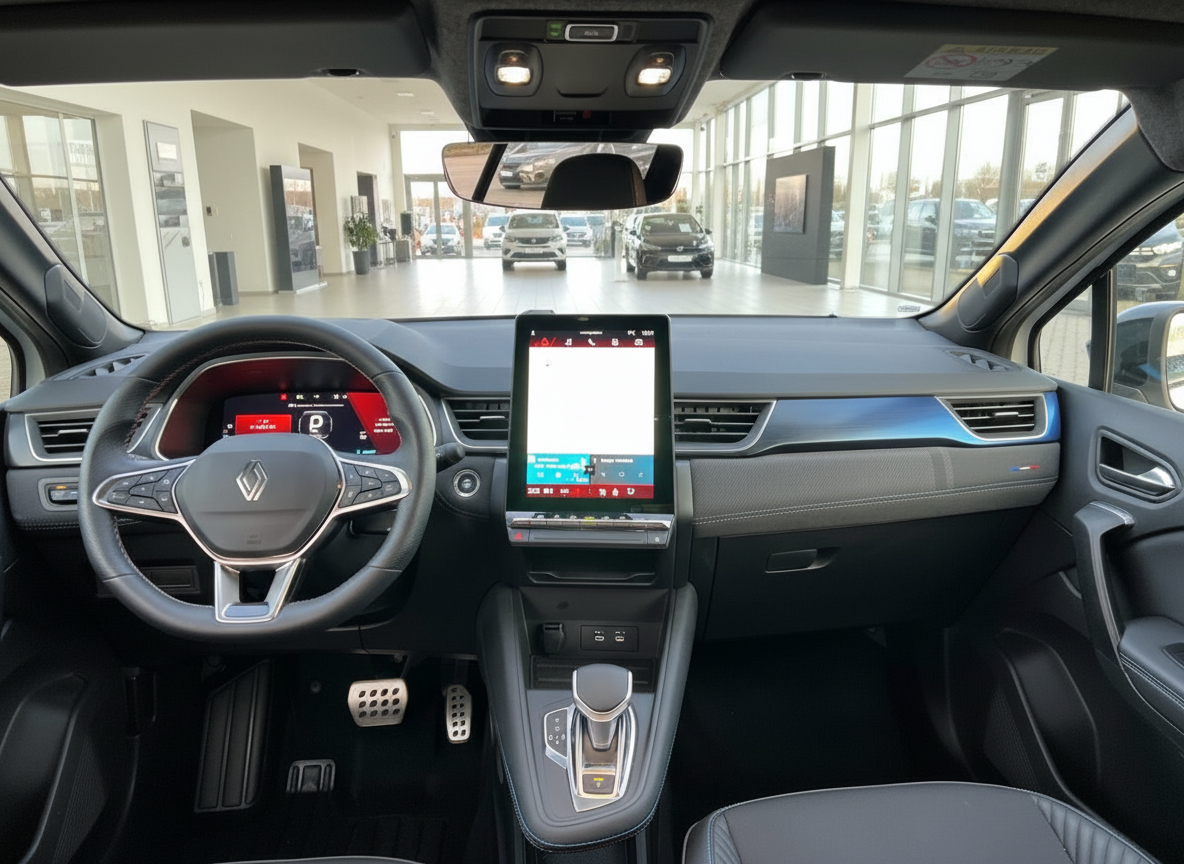 Renault Innenraum mit digitalem Cockpit und großem Touchscreen-Display im Autohaus