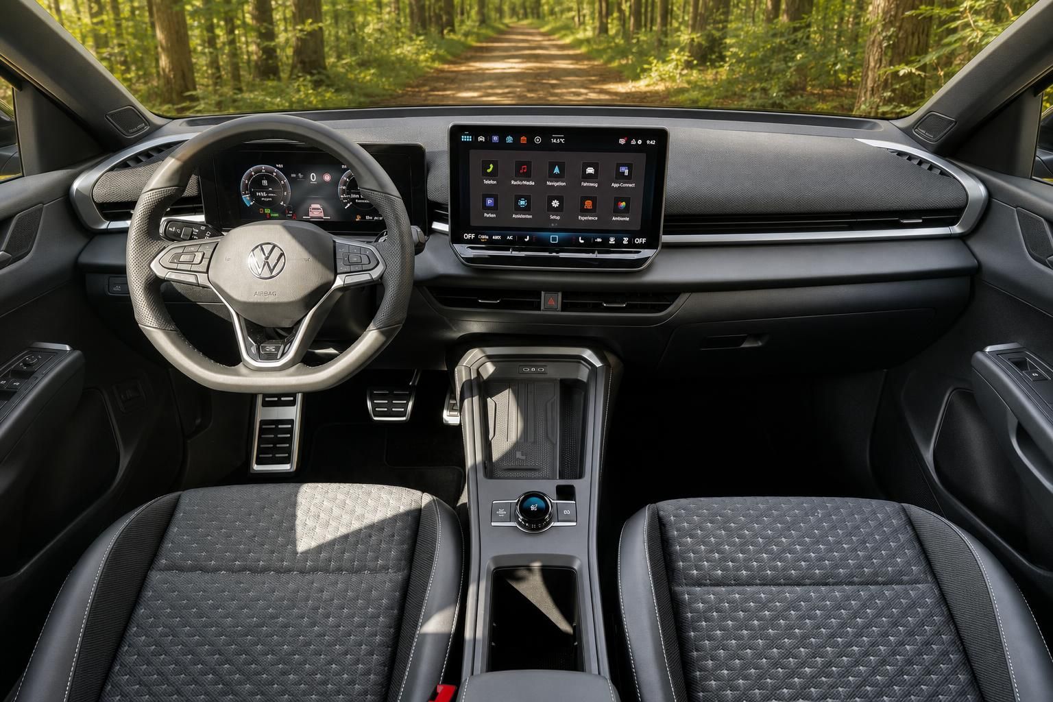 Volkswagen Cockpit mit digitalem Armaturenbrett, Lenkrad und Touchscreen-Display