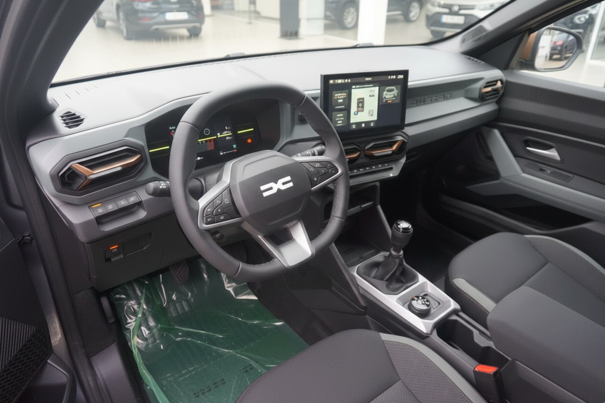 Dacia Duster Innenraum mit Lenkrad, Infotainment-Display und manuellem Getriebe