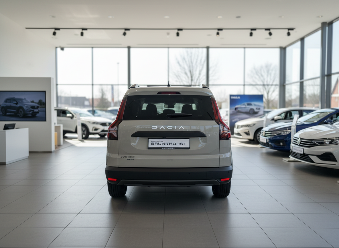 Dacia Jogger Heckansicht in beige im Autohaus Brunkhorst Osnabrück Showroom