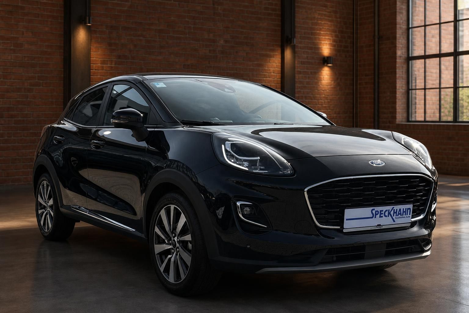 Ford Puma schwarz Frontansicht schraeg in Industriehalle