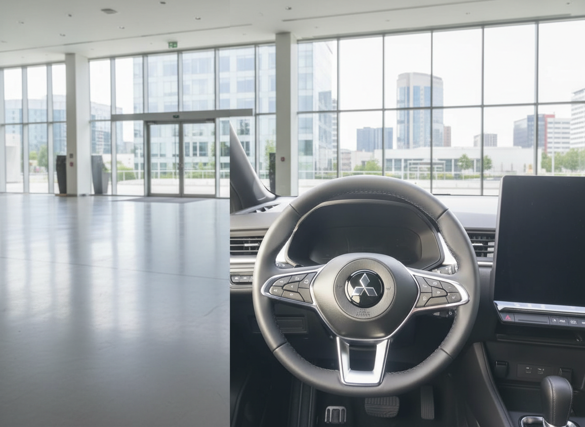 Mitsubishi Fahrzeuginnenraum mit Lenkrad und Infotainment-Display in modernem Autohaus