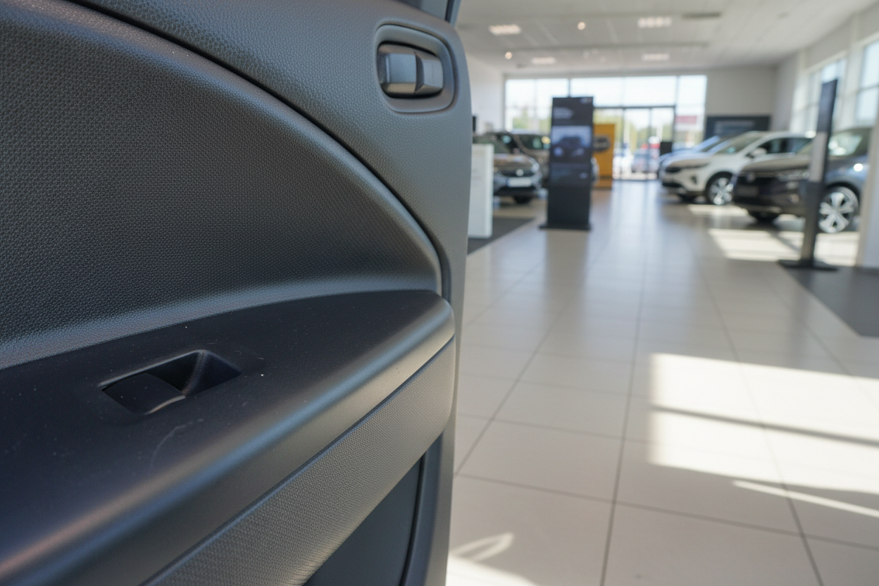 Fahrzeuginnenraum Türverkleidung in einem modernen Autohaus mit weiteren Fahrzeugen im Hintergrund
