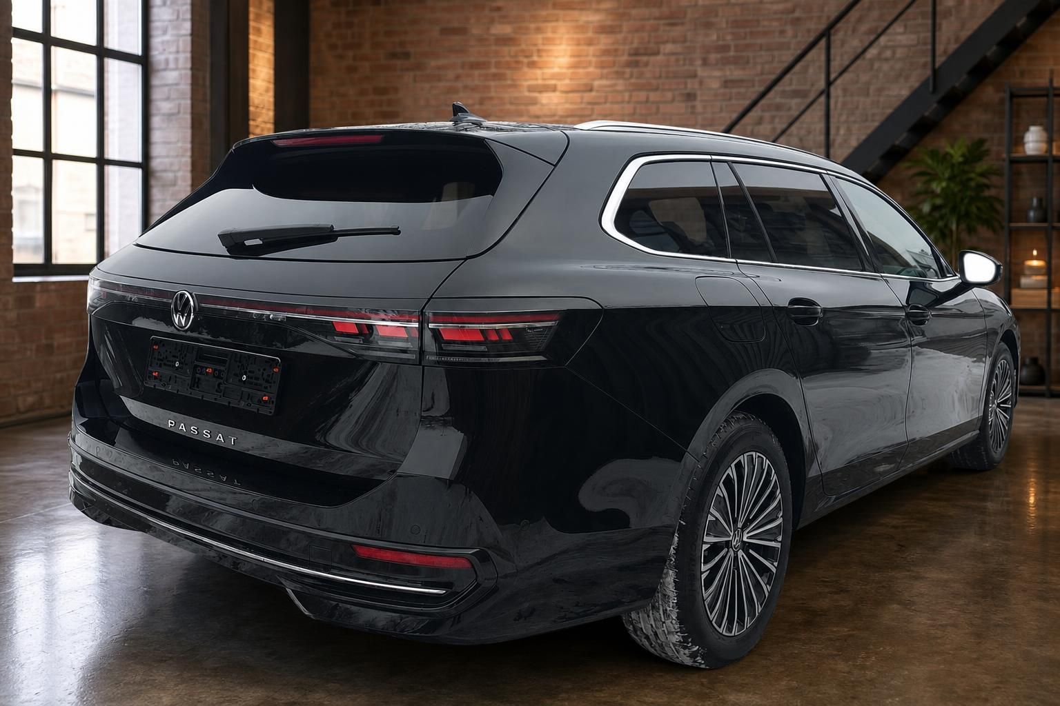 VW Passat schwarz, Heckansicht mit Kombi-Silhouette