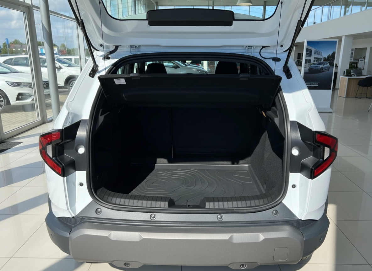 Weißer SUV Kofferraum geöffnet im Autohaus – geräumiger Laderaum mit Gummimatte