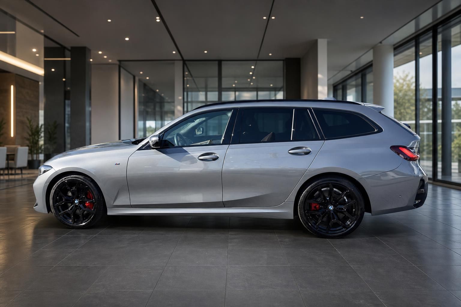 BMW 3er Touring silber, Seitenansicht im modernen Showroom