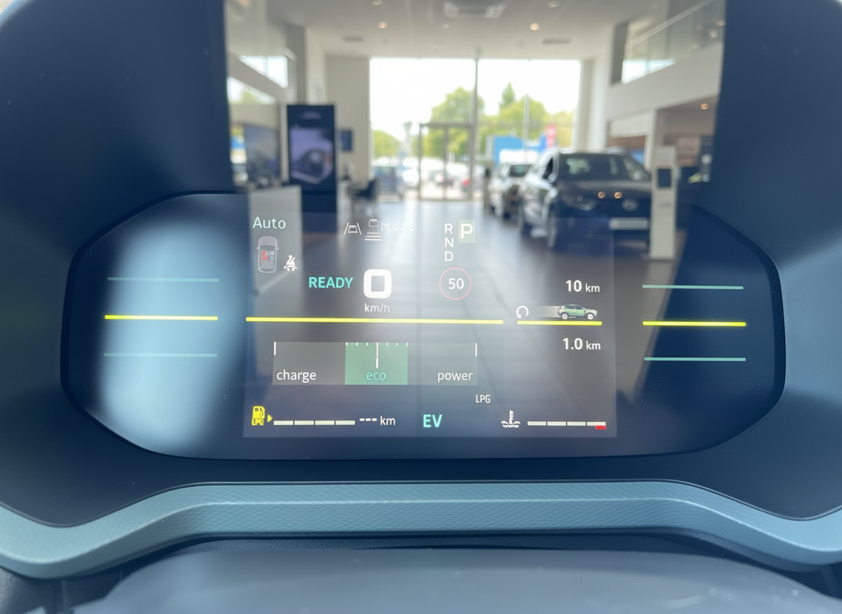 Digitales Kombiinstrument eines Hyundai Elektrofahrzeugs mit EV-Anzeige und Eco-Modus im Autohaus