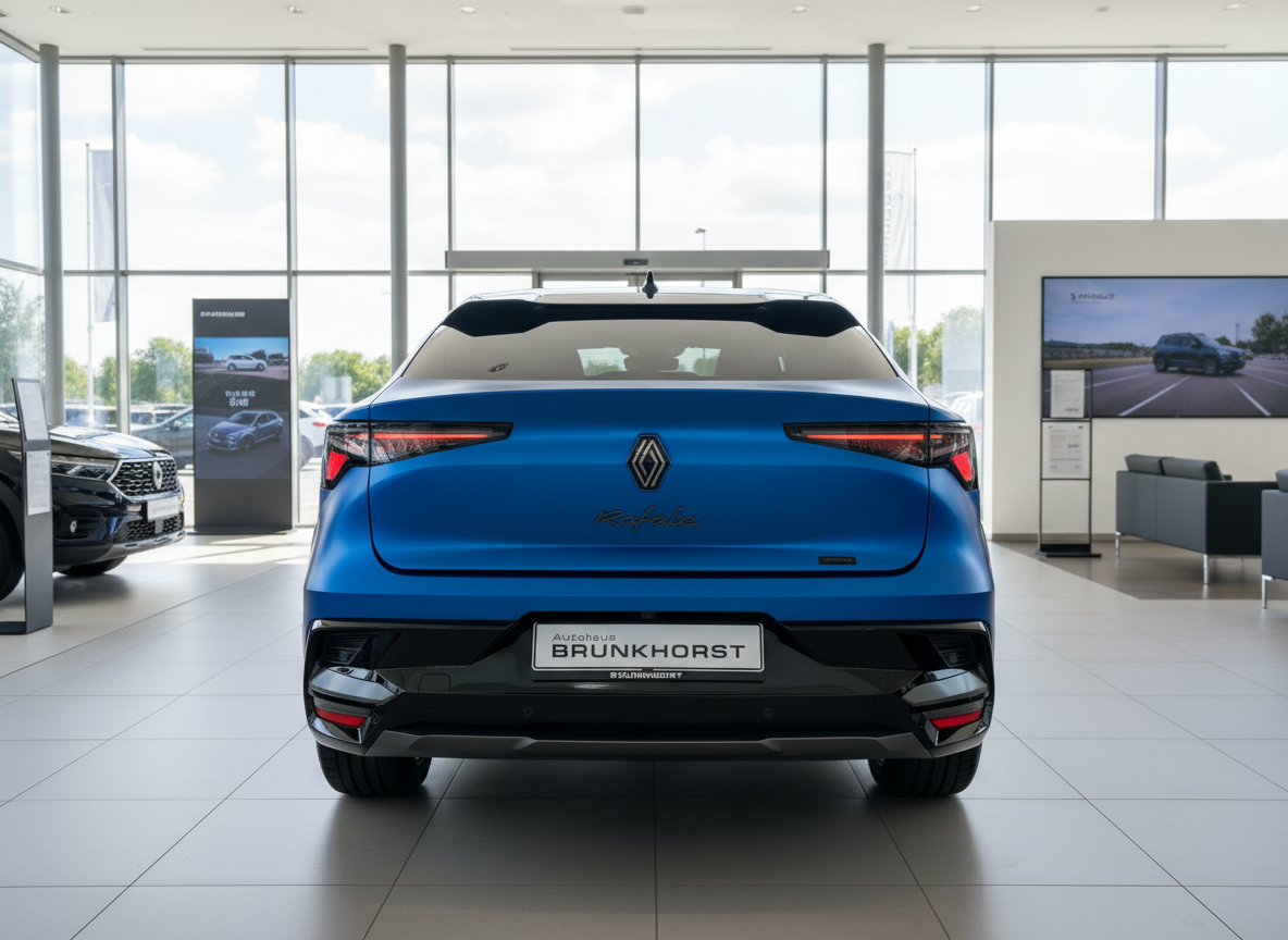 Renault Rafale in Blau – Heckansicht im Autohaus Brunkhorst Showroom