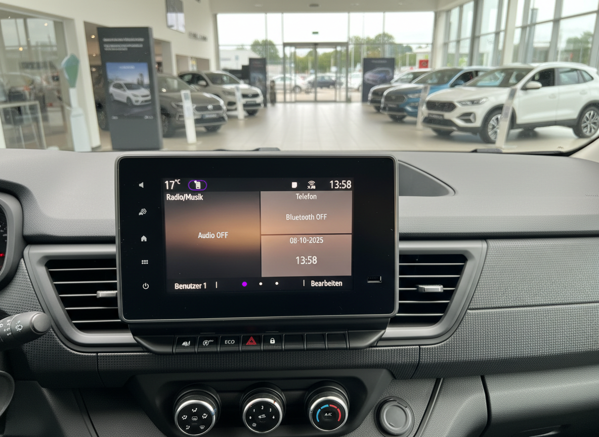 Fahrzeug-Infotainment-Display mit Radio, Bluetooth und Uhrzeit 13:58 im Autohaus