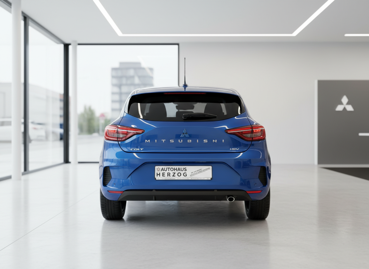 Mitsubishi Colt HEV in Blau, Heckansicht im Autohaus Herzog Showroom