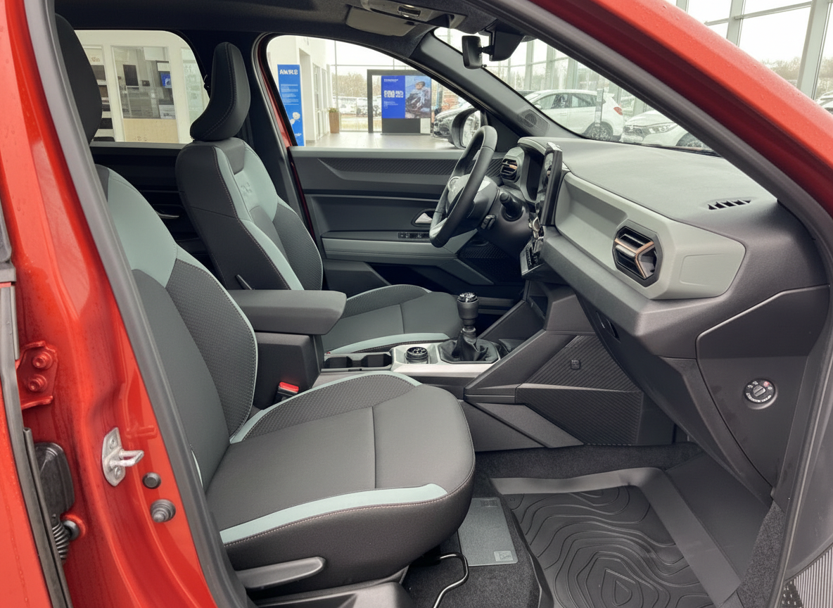 Roter SUV Innenraum mit schwarzen Sportsitzen und modernem Cockpit im Autohaus