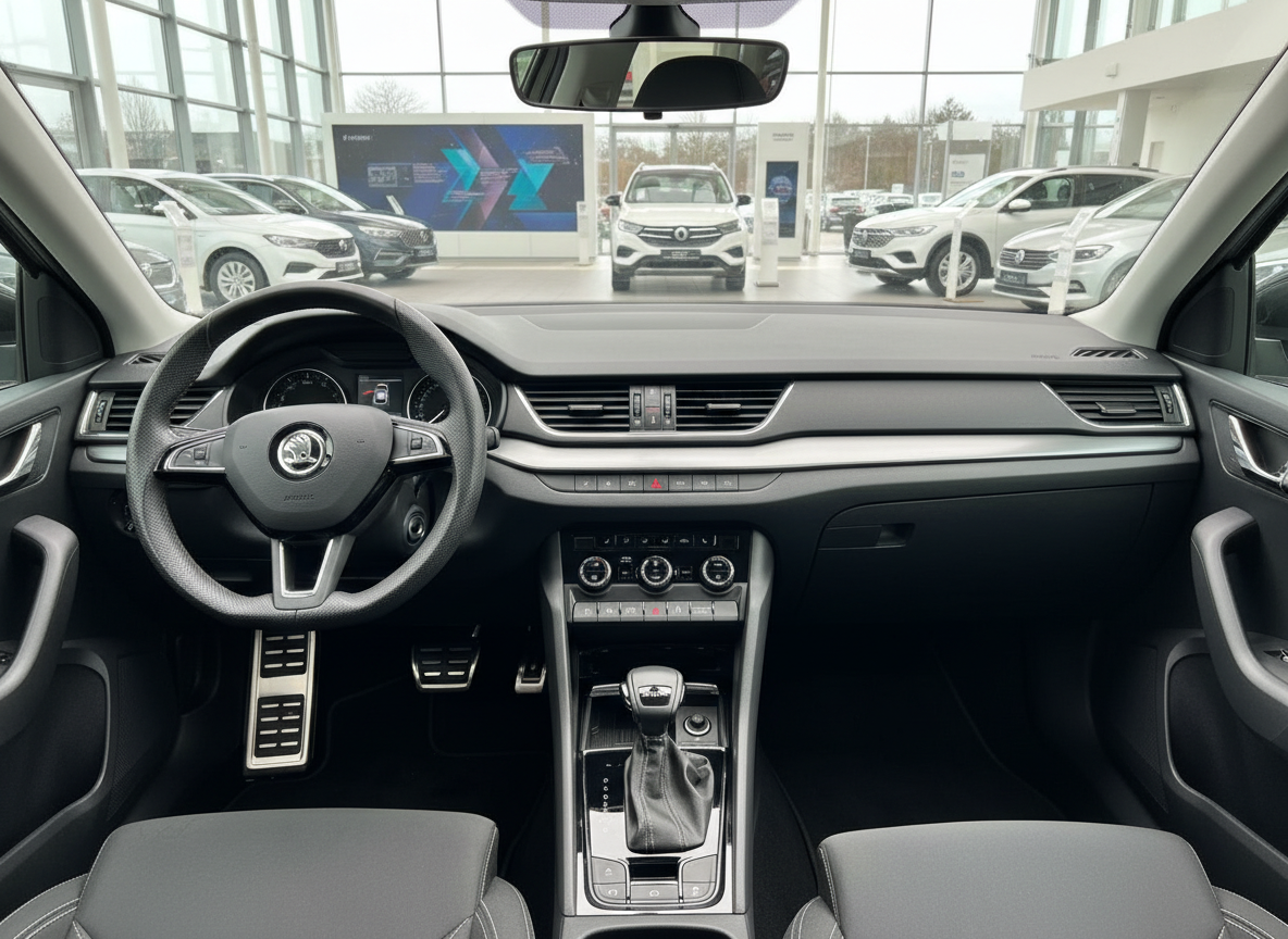 Škoda Innenraum mit Lederlenkrad, Automatikgetriebe und digitalem Cockpit im Autohaus