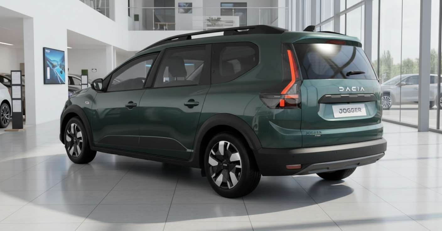 Dacia Jogger in Dunkelgrün Heckansicht im Autohaus Showroom