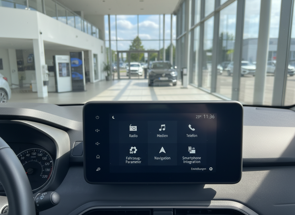 Infotainment-Display im Fahrzeug-Innenraum mit Navigation, Radio und Smartphone Integration
