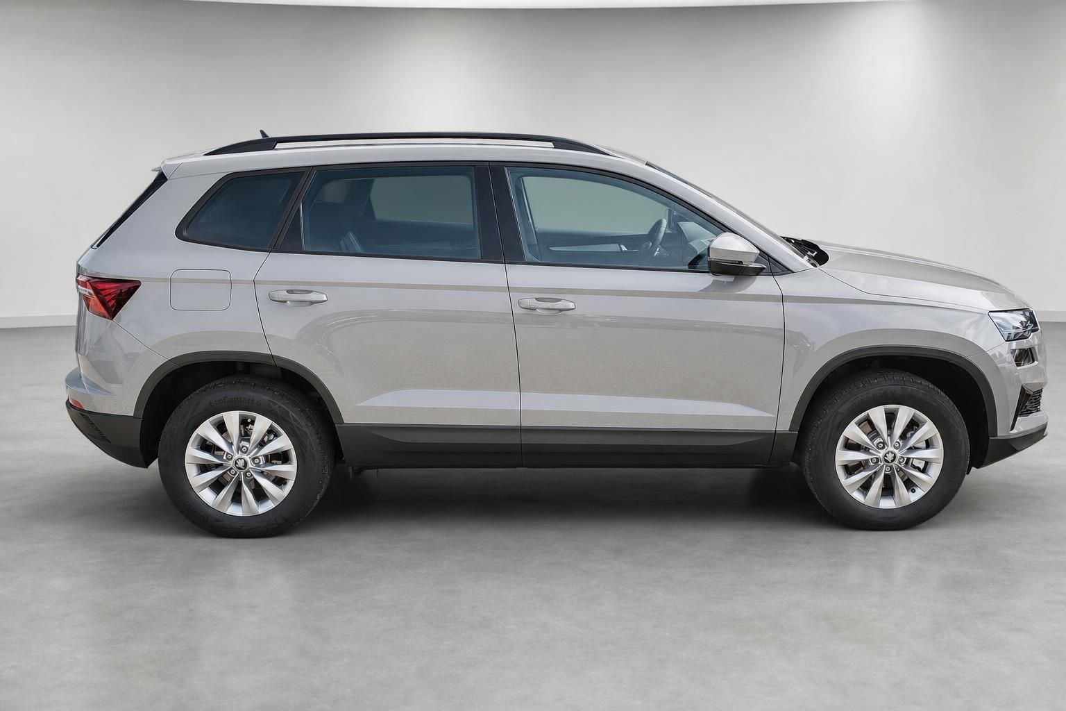 Skoda Karoq SUV Seitenansicht in Silber vor grauem Hintergrund