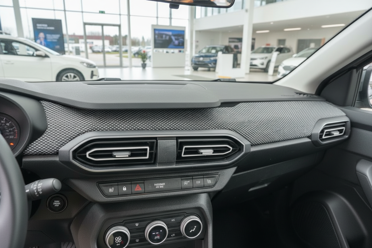 Dacia Sandero Innenraum Armaturenbrett mit Lüftungsdüsen und Bedienelemente im Autohaus