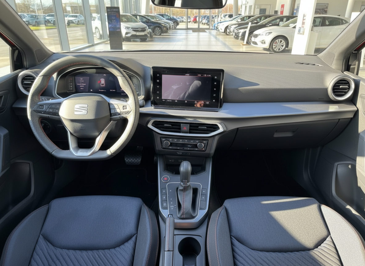 SEAT Arona Innenraum mit digitalem Cockpit, Touchscreen-Infotainment und schwarzen Sportsitzen