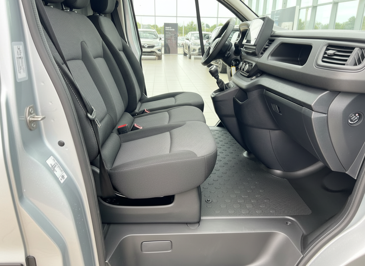 Innenraum Vorderbereich Van mit grauen Stoffsitzen, Mittelkonsole und Schaltgetriebe