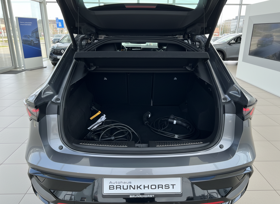 Grauer Volkswagen ID.4 geöffneter Kofferraum mit Ladekabel im Autohaus Brunkhorst