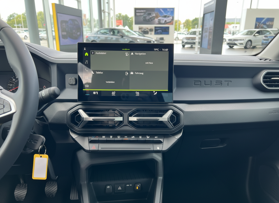 Dacia Duster Innenraum mit Infotainment-Touchscreen und Navigationssystem im Autohaus