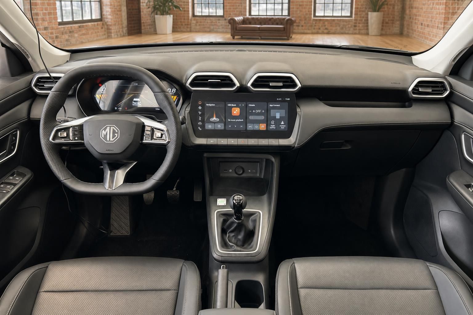 MG Cockpit mit digitalem Kombiinstrument, großem Touchscreen, MG-Lenkrad und grauem Interieur