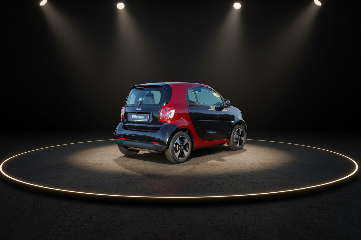 Smart ForTwo in Schwarz-Rot im Autohaus Engelauto - Kompaktwagen Heckansicht im modernen Showroom mit großen Fenstern