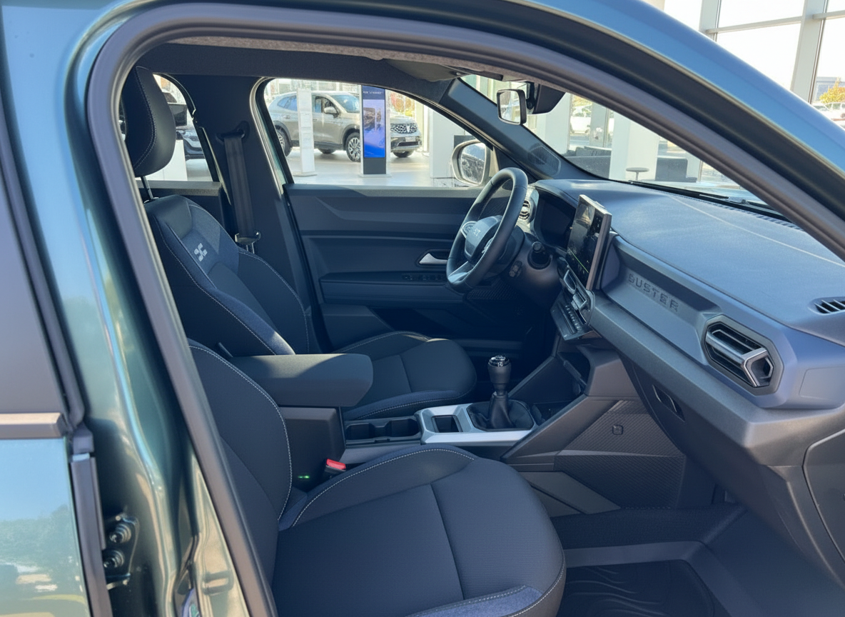 Dacia Duster Innenraum mit schwarzen Stoffsitzen, Schaltgetriebe und digitalem Infotainment-Display