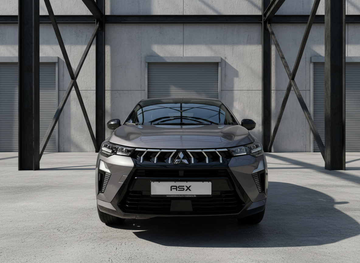 Mitsubishi ASX Frontansicht in Dunkelgrau auf städtischer Straße mit Hochhäusern und Sonnenlicht im Hintergrund - Kompakt-SUV in urbaner Umgebung