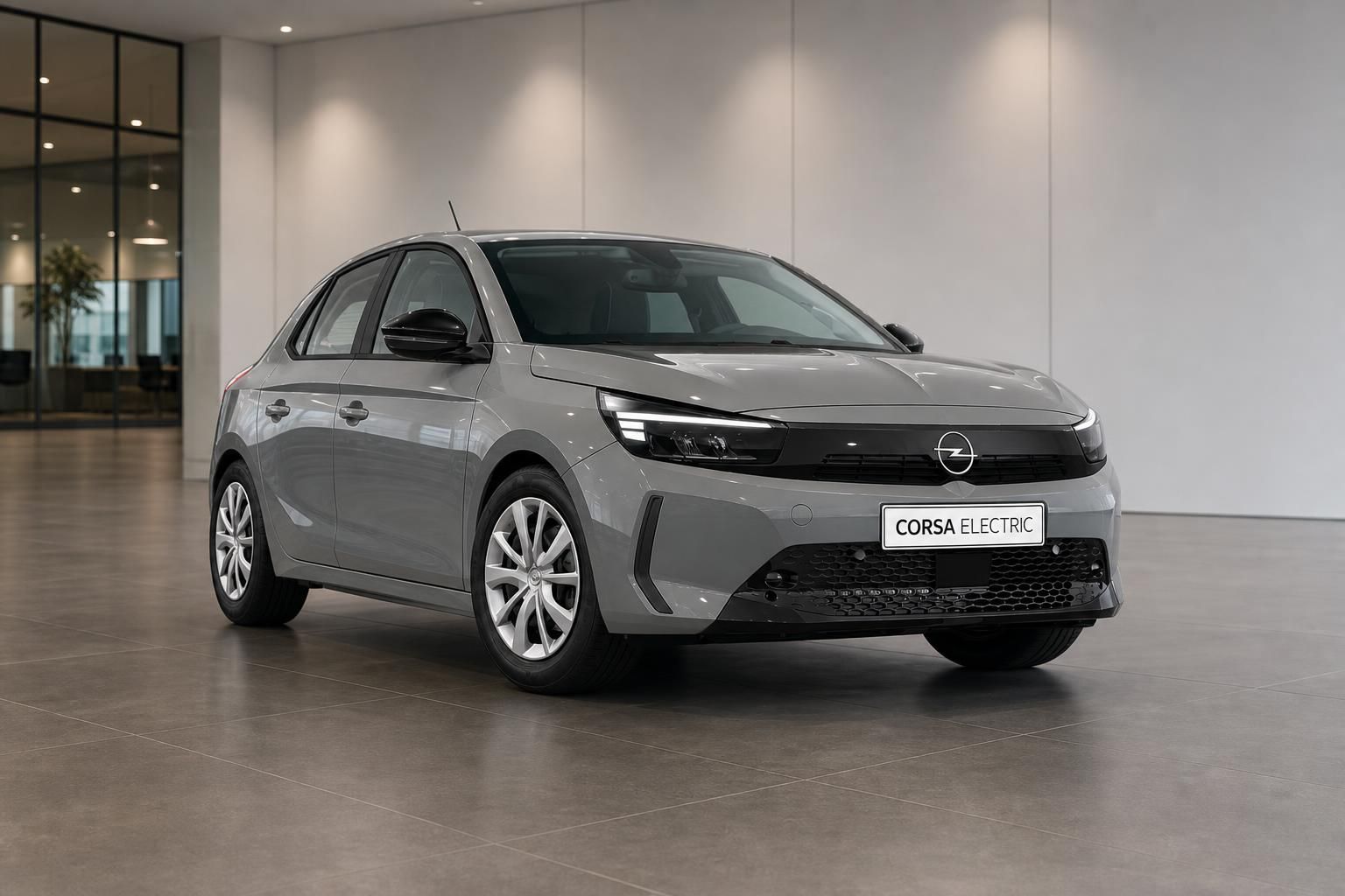 Opel Corsa Electric grau, Frontansicht in Ausstellungshalle