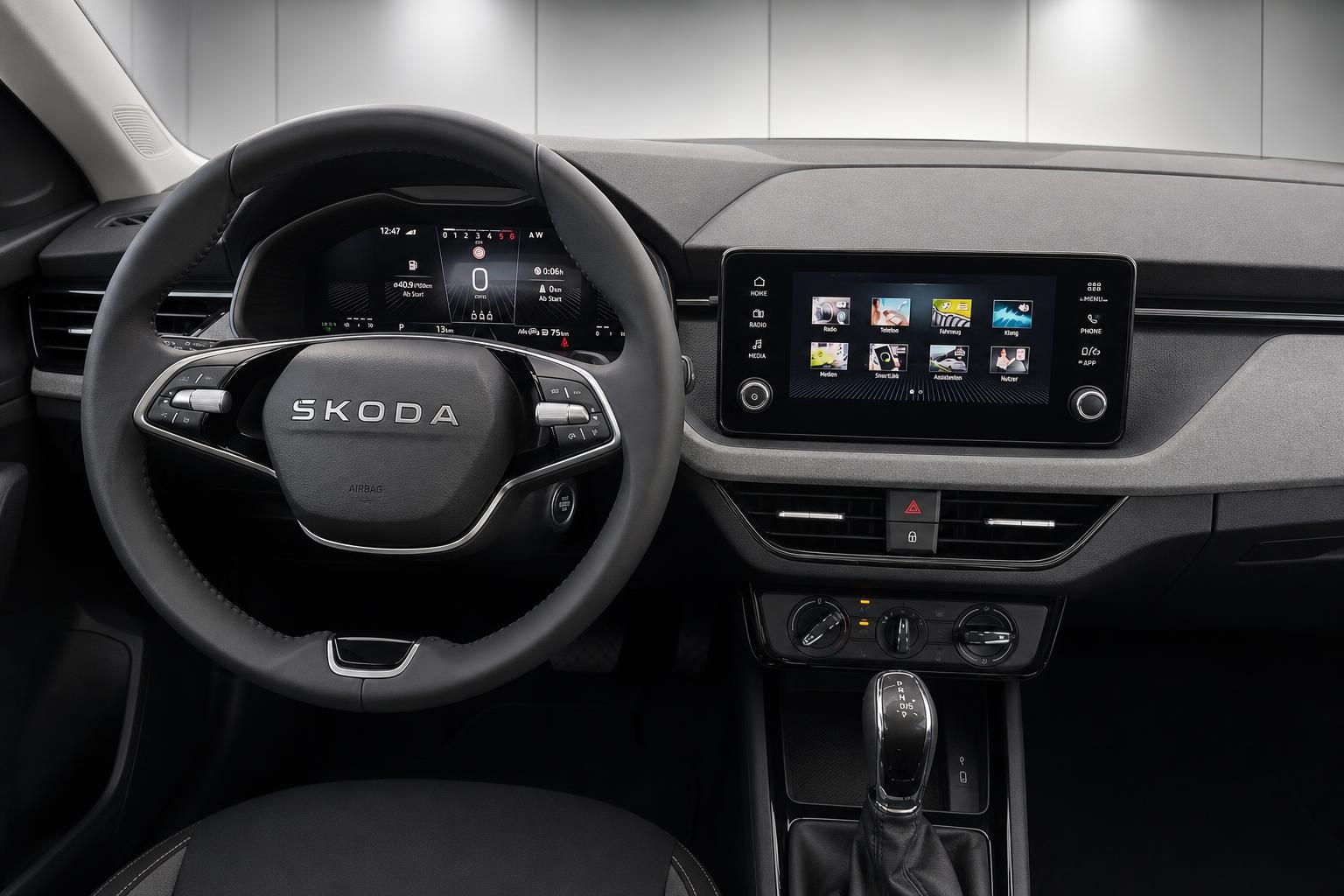 Skoda Cockpit mit Lenkrad, Digitaltacho und Infotainment-Touchscreen