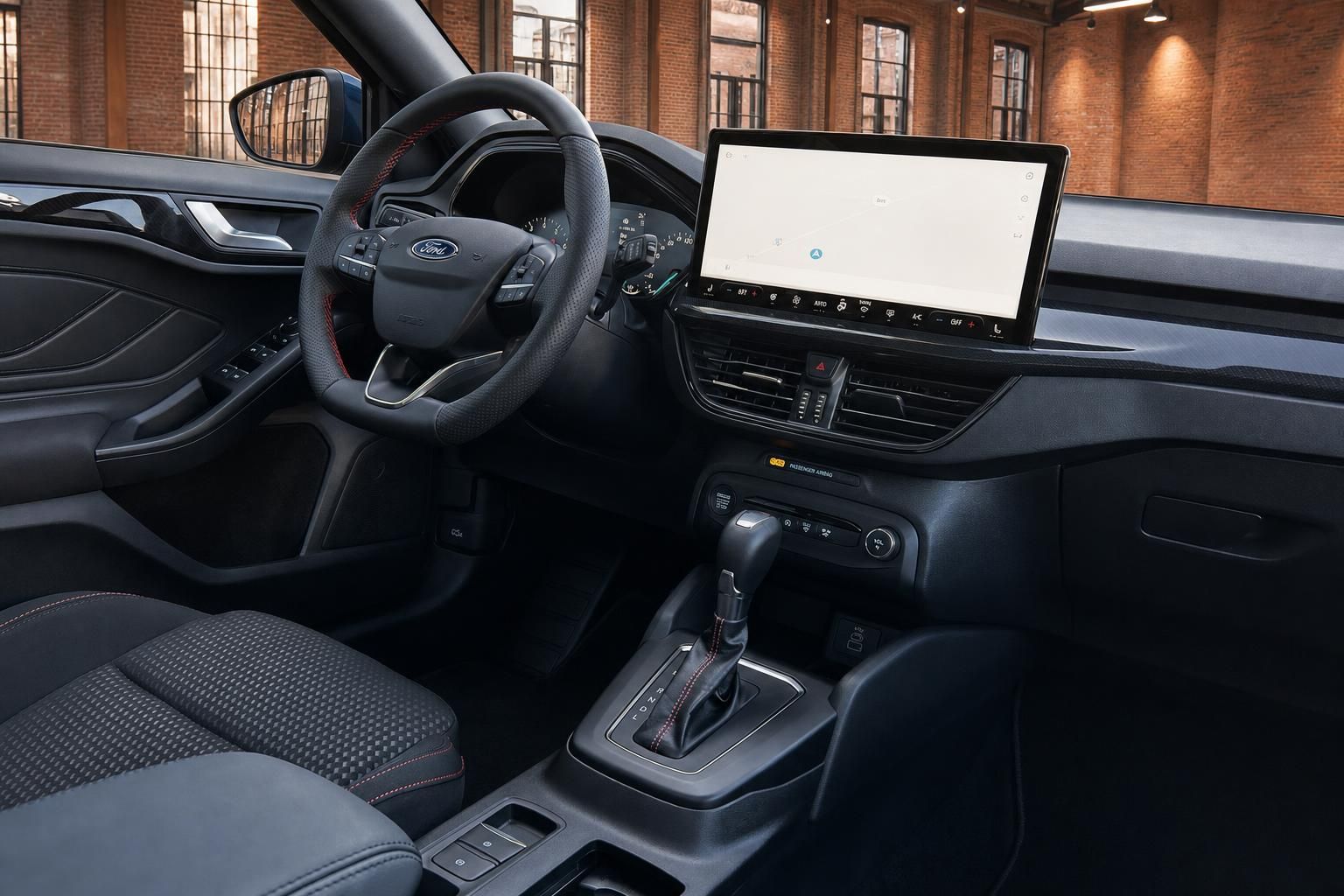 Ford Cockpit mit Lederlenkrad und Touchscreen Navigation im Innenraum