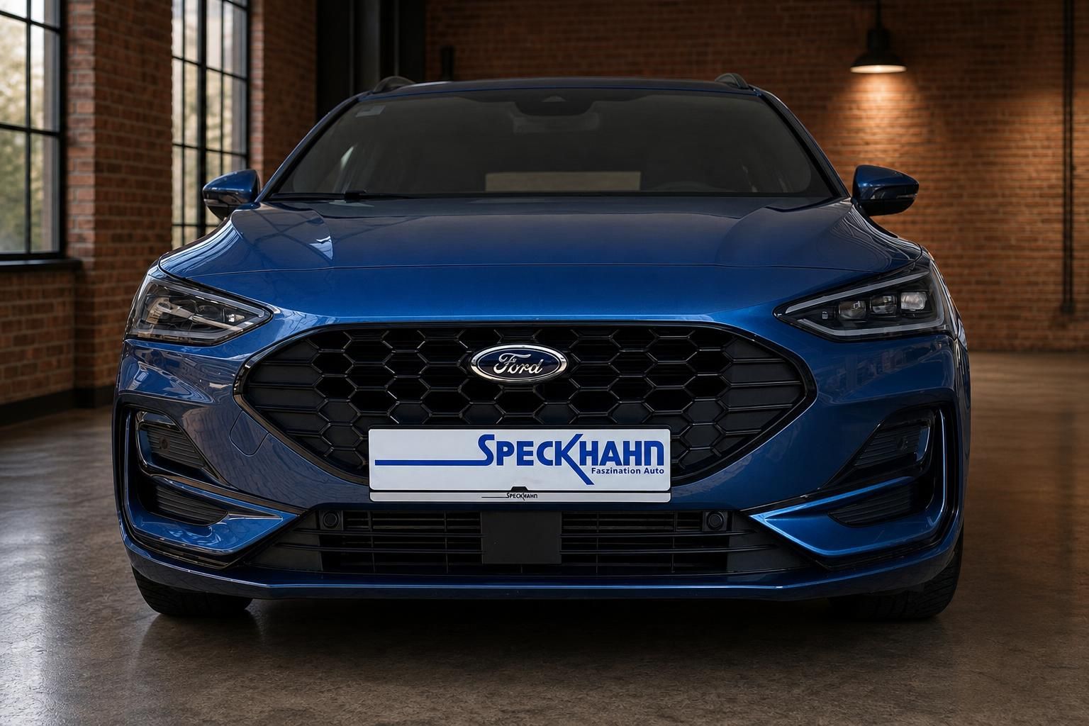 Ford Frontansicht in Blau mit Kuehlergrill und Ford Logo