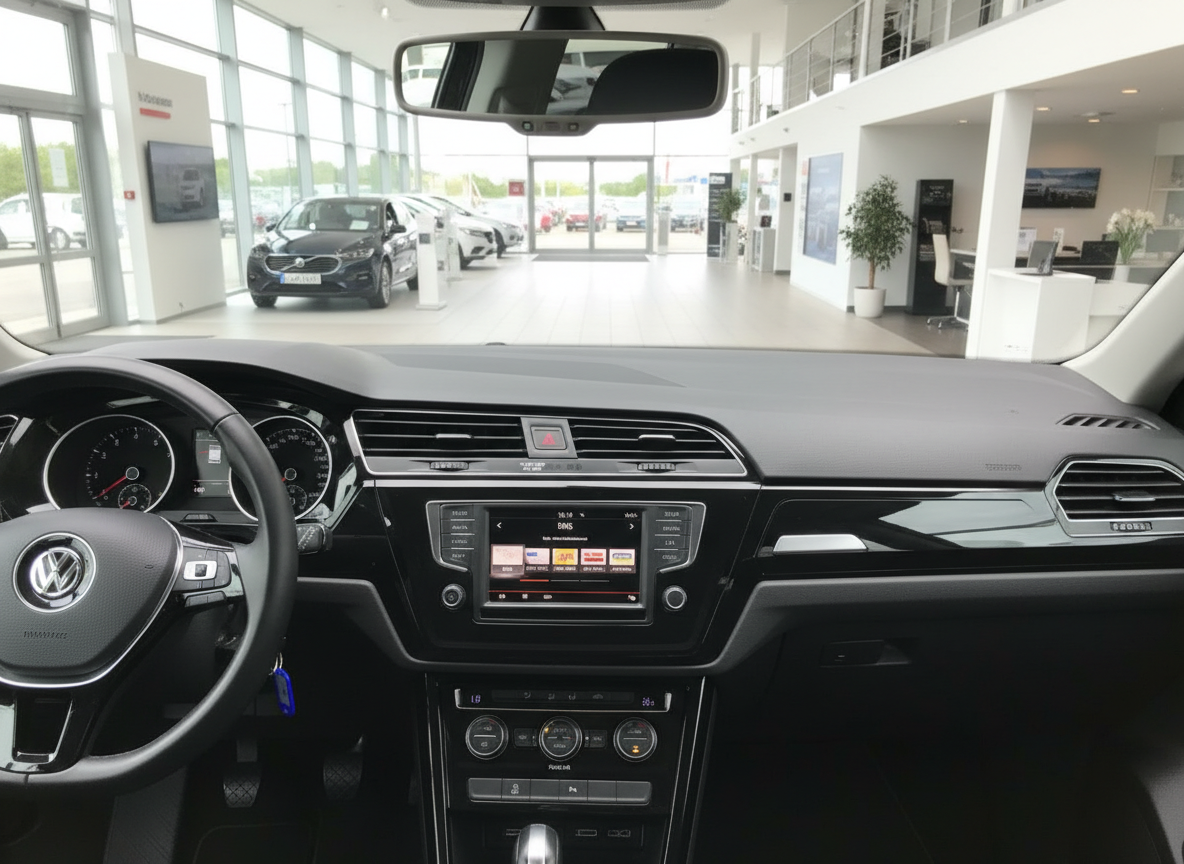 VW Touareg Innenraum mit Cockpit, Infotainment-Display und Lenkrad im Autohaus