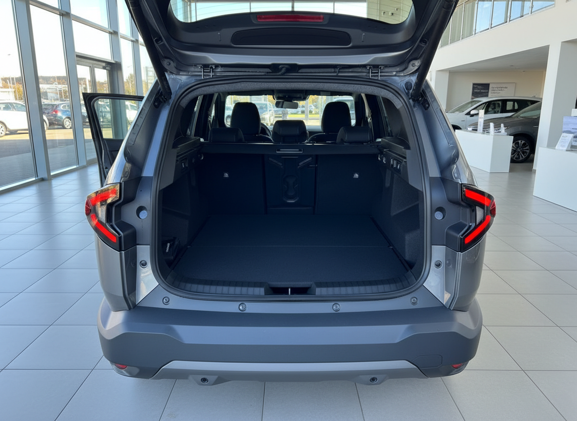 Grauer SUV Kofferraum geöffnet im Autohaus – große Laderaum Ansicht von hinten