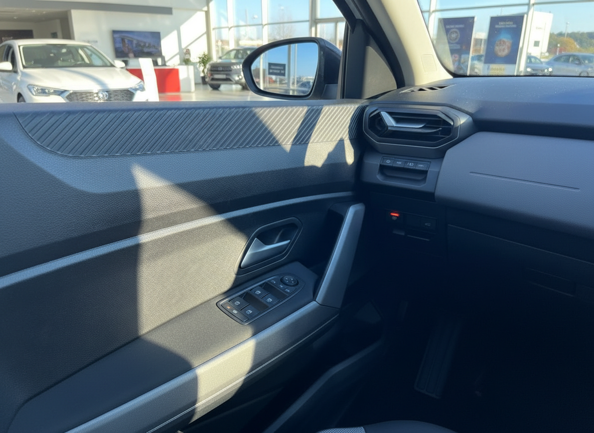 Fahrzeuginnenraum Fahrertür mit Fensterheber und Seitenspiegel im Autohaus