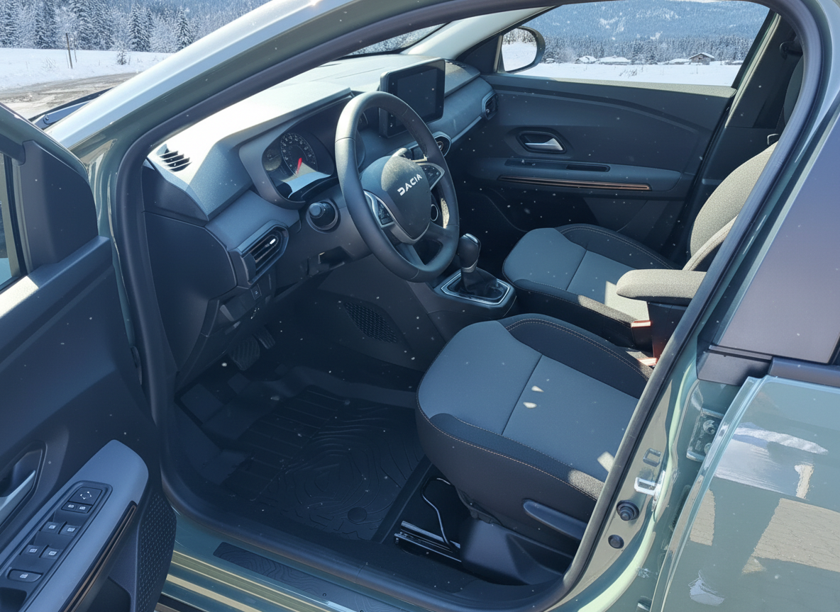 Dacia Innenraum Fahrersitz mit Lenkrad, Armaturenbrett und Stoffsitzen in schwarz-grauer Farbkombination, Blick durch geöffnete Fahrertür bei winterlicher Schneelandschaft im Hintergrund