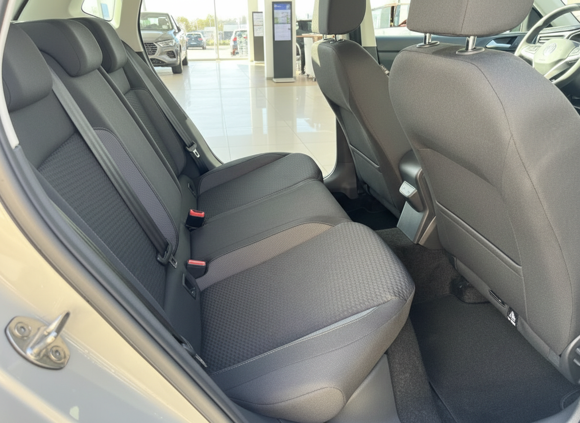 Volkswagen Innenraum Rücksitzbank mit schwarzem Stoffbezug und Sicherheitsgurten im Autohaus