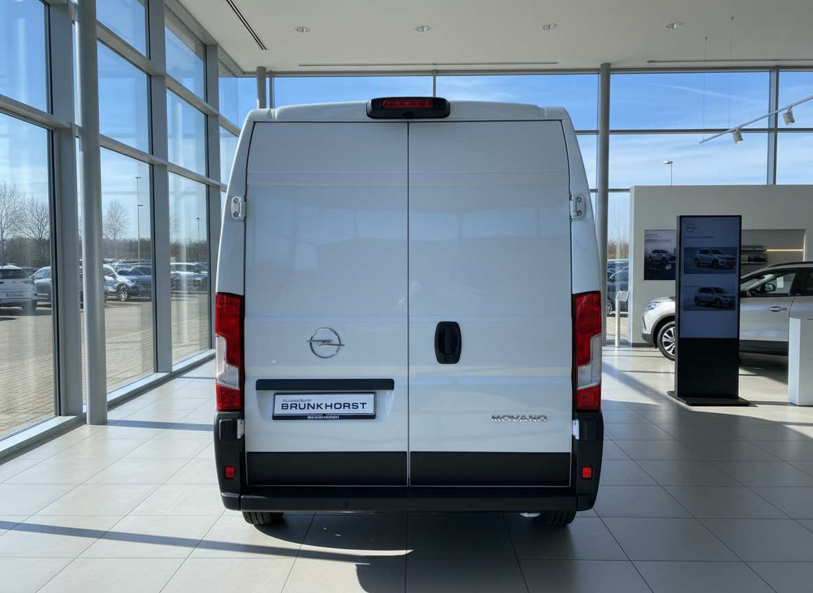 Opel Movano Kastenwagen weiß Heckansicht im Autohaus Brunkhorst