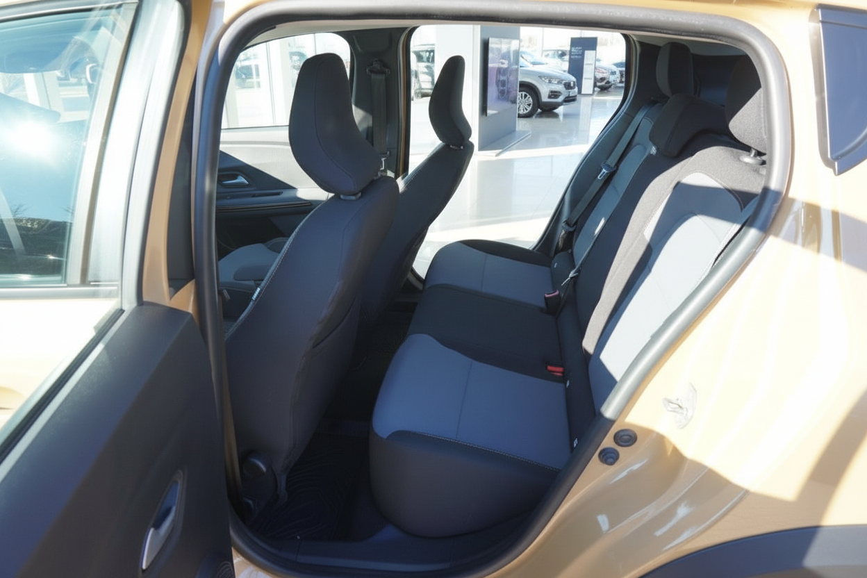 Fahrzeuginnenraum Rücksitzbank mit schwarzen Stoffsitzen und Sicherheitsgurten