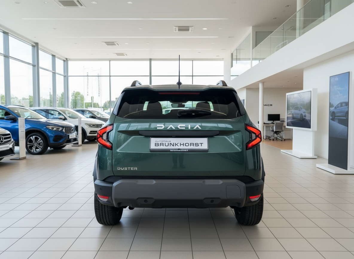 Dacia Duster SUV in Dunkelgrün von hinten im Autohaus Brunkhorst Showroom