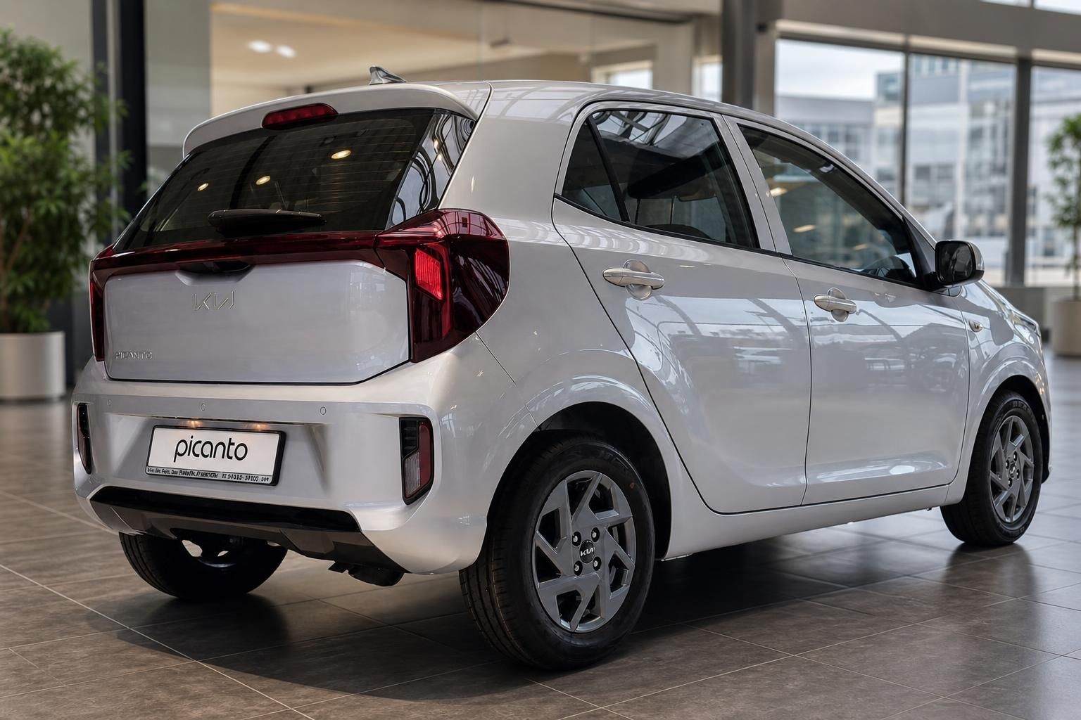 Kia Picanto weiß Heckansicht seitlich im Autohaus