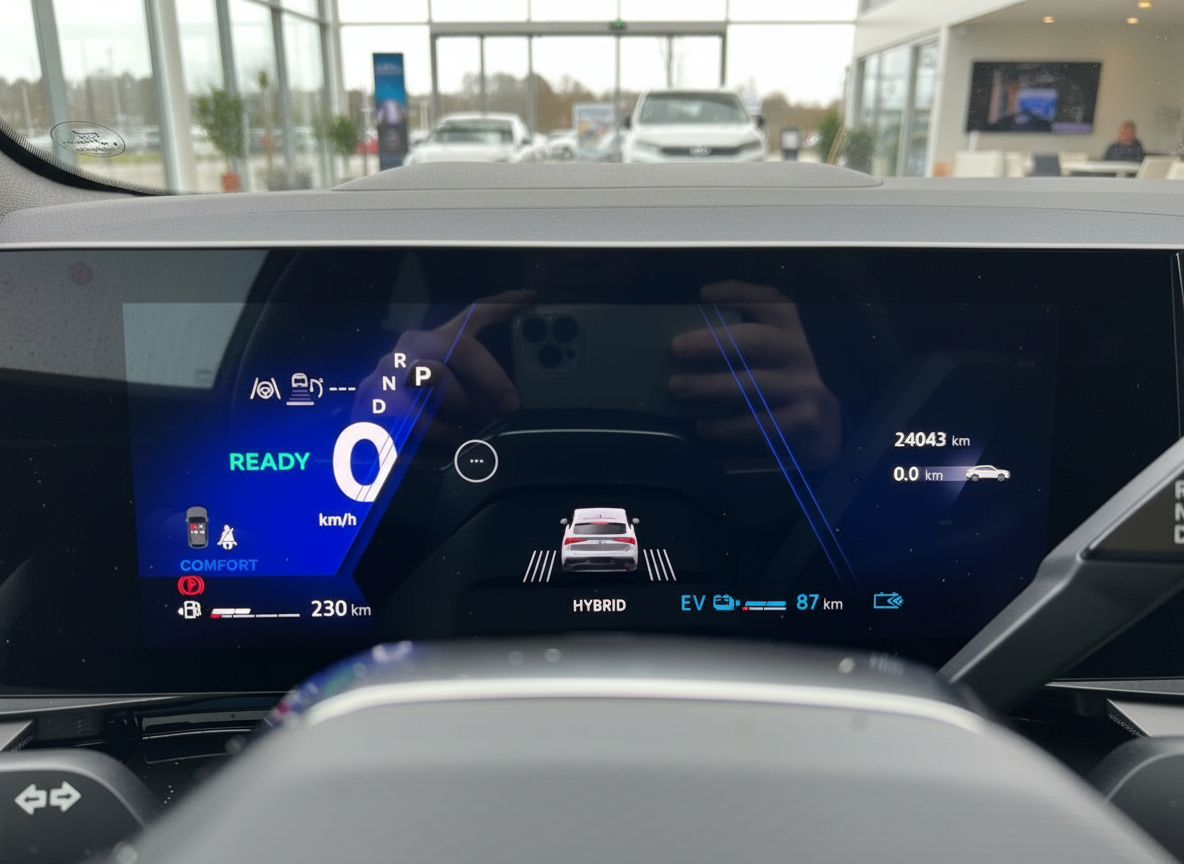 Digitales Kombiinstrument eines Hybrid-Fahrzeugs mit READY-Anzeige, 87 km EV-Reichweite und 230 km Gesamtreichweite