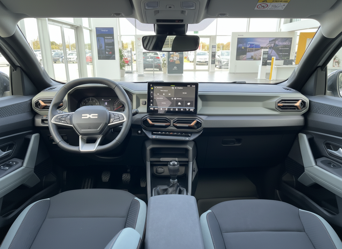 Dacia Innenraum mit Touchscreen, Lederlenkrad und grauem Stoffsitzen im Autohaus