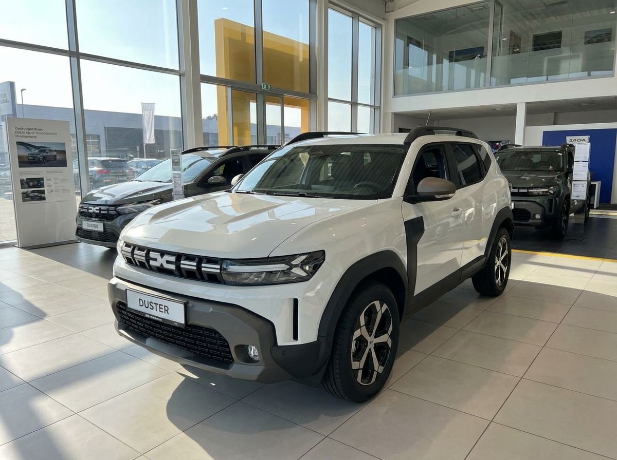 Dacia Duster SUV in Weiß im Autohaus Showroom, 3. Generation Frontansicht