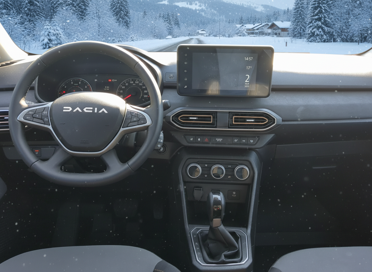 Dacia Innenraum Cockpit mit Lenkrad, digitalem Infotainment-Display und Klimabedienung bei winterlicher Schneelandschaft im Hintergrund