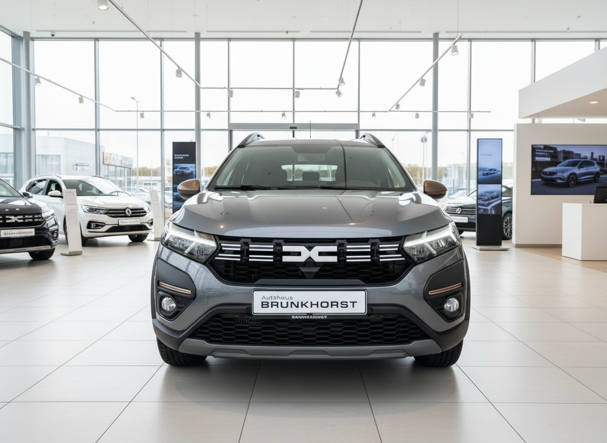 Grauer Dacia Sandero Stepway Frontansicht im Autohaus Brunkhorst Showroom