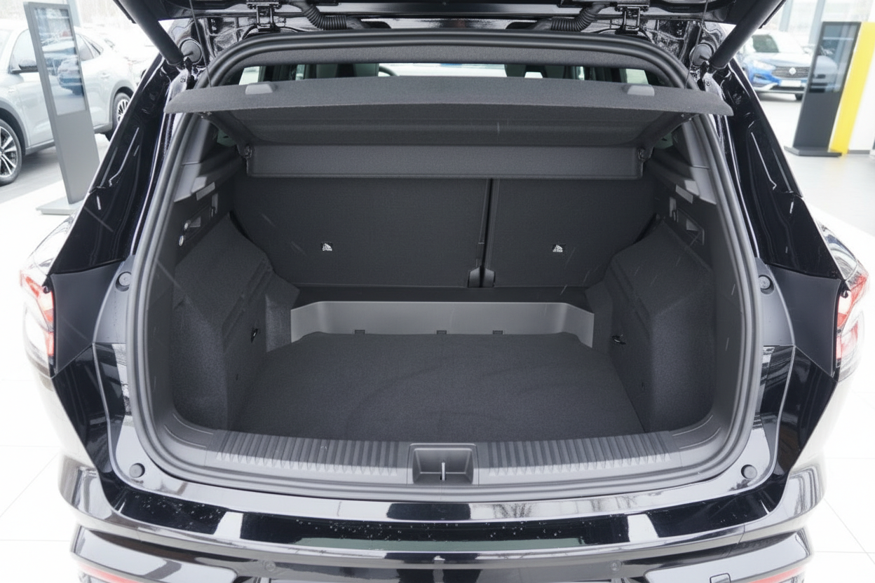 Schwarzes SUV Kofferraum geöffnet – geräumiger Laderaum mit umklappbarer Rücksitzbank im Autohaus