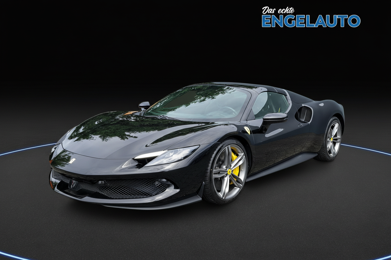 Ferrari 296 GTB schwarz mit gelben Bremssätteln - Sportwagen Seitenansicht bei Engelauto