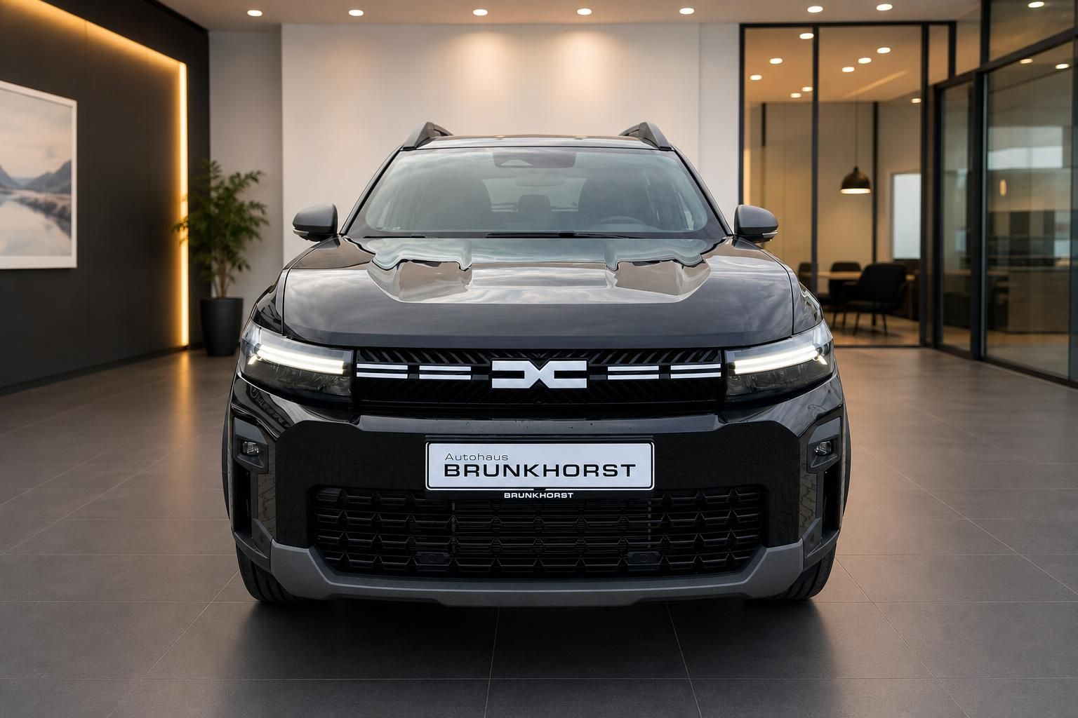 Modernes SUV in grauer Metallic-Lackierung im Autohaus-Showroom - Frontansicht